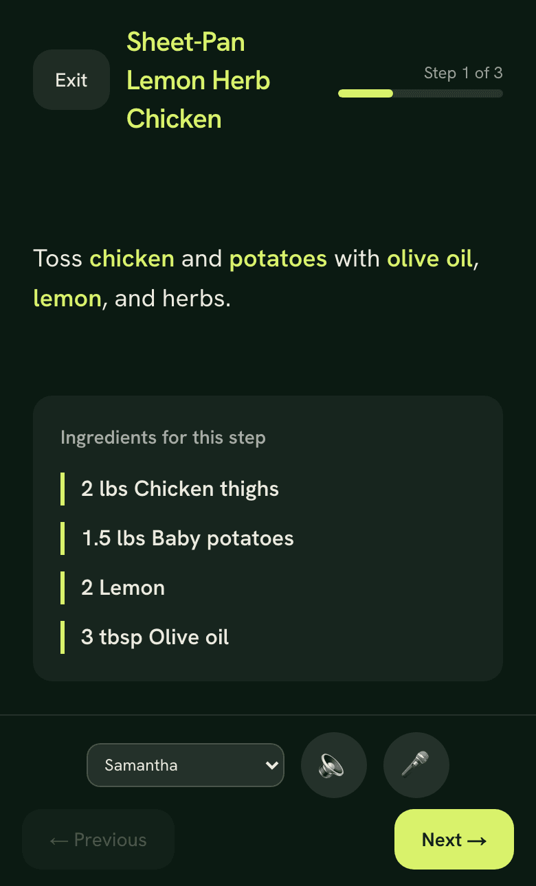 Cooking mode interface with step-by-step text, timer, and ingredient sidebar