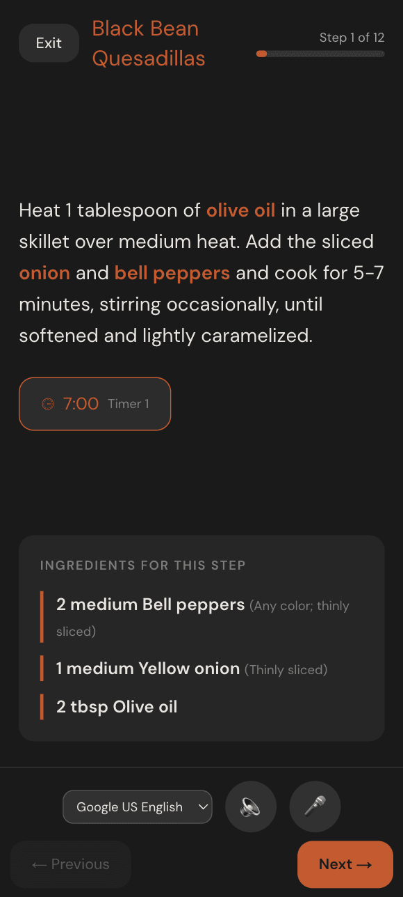 Cooking mode interface with step-by-step text, timer, and ingredient sidebar