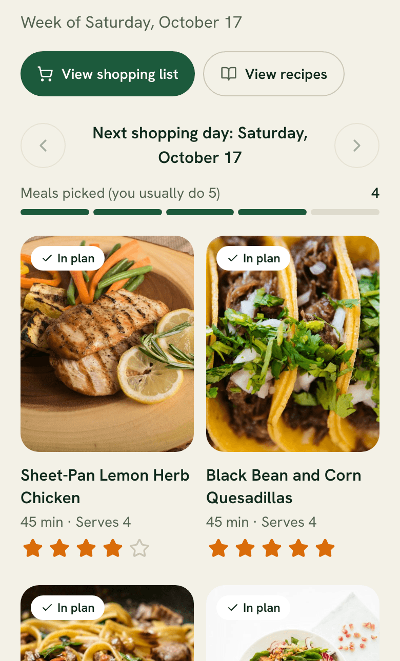 Dashboard showing meal cards with star ratings