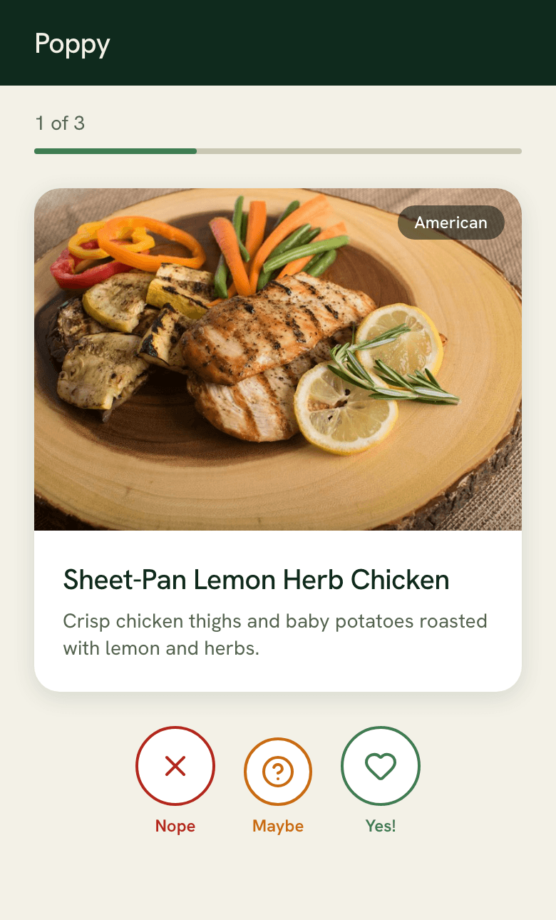 Family voting page with swipe cards for dinner options