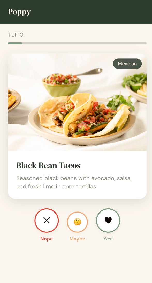 Family voting page with swipe cards for dinner options
