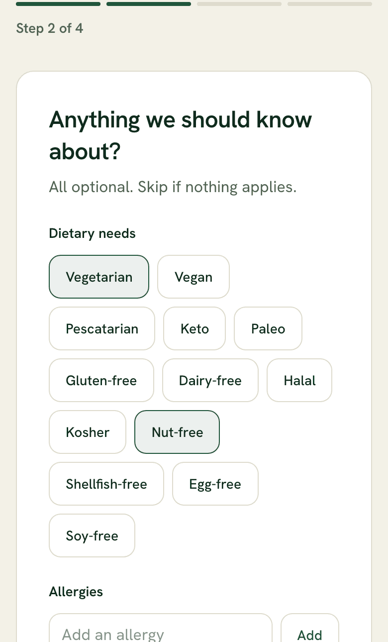 Onboarding wizard showing dietary needs and allergy setup