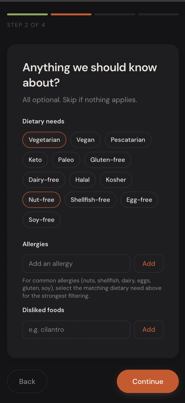 Onboarding wizard showing dietary needs and allergy setup