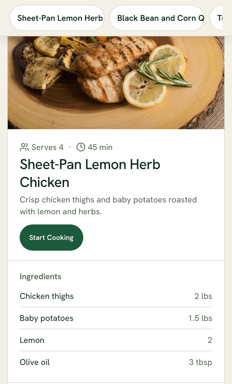 Recipe card with photo, ingredients, and Start Cooking button