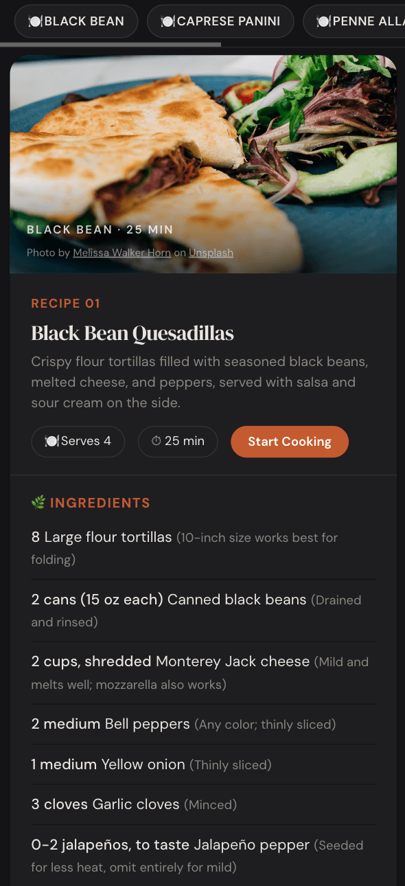 Recipe card with photo, ingredients, and Start Cooking button