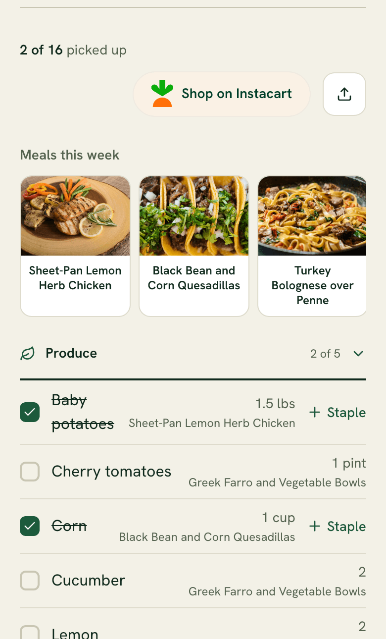 Shopping list page with categorized items and checkboxes