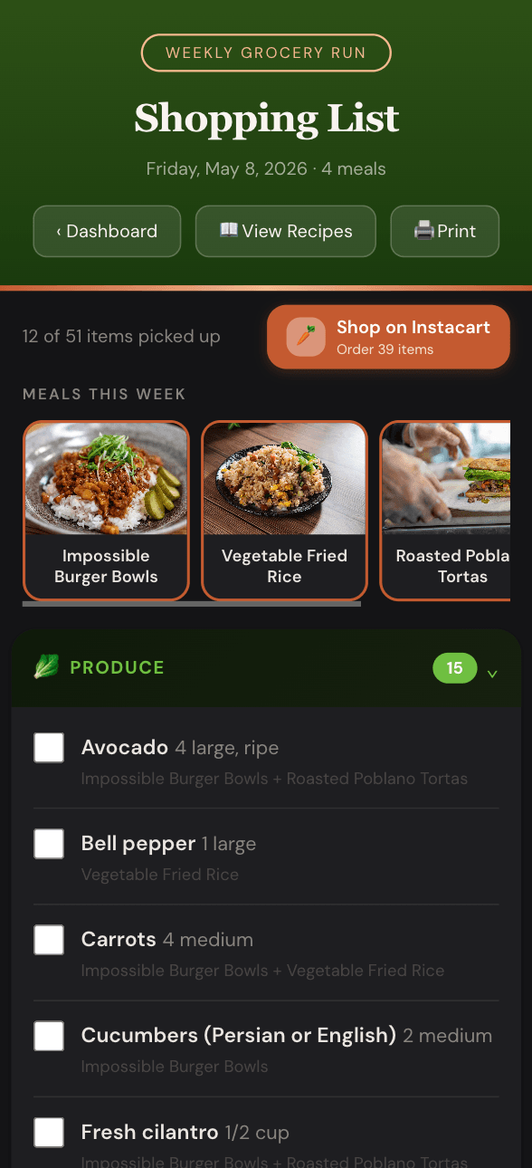 Shopping list page with categorized items and checkboxes